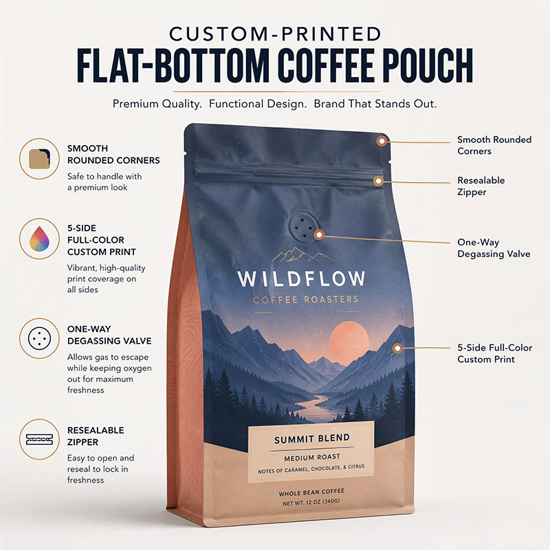 Printed Flat Bottom Coffee Bags Printed Flat Bottom Coffee Bags